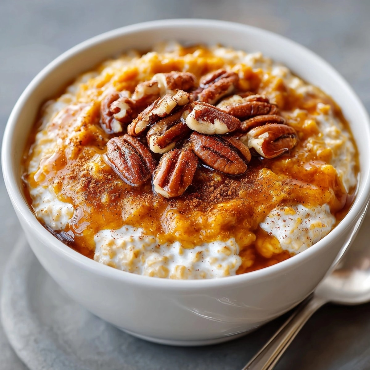 Creamy pumpkin spice oatmeal with maple drizzle served warm, topped with toasted pecans