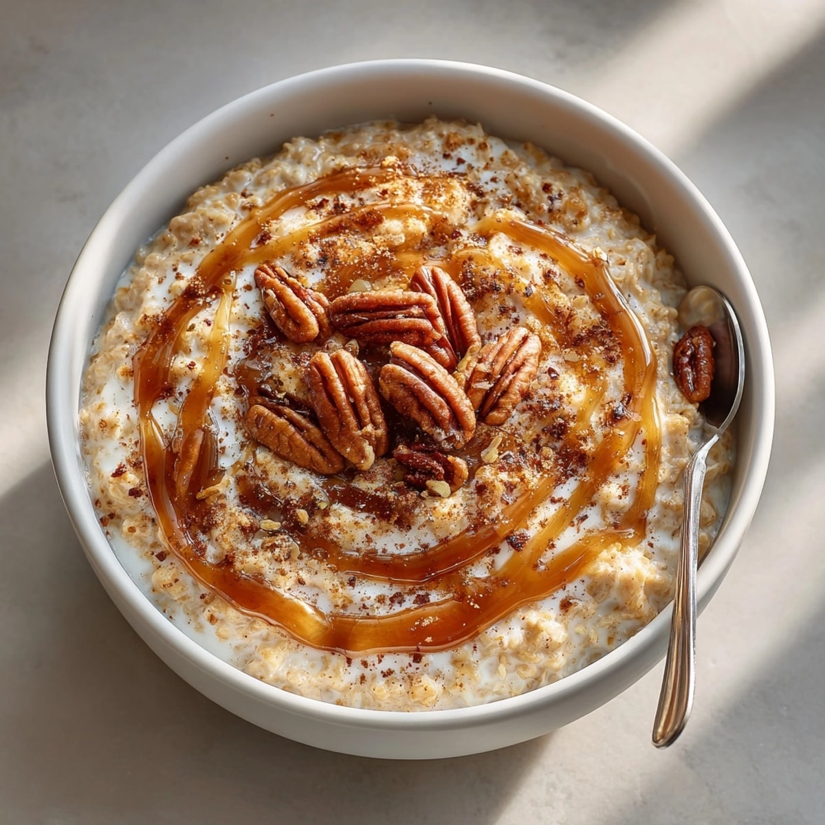 Hearty bowl of pumpkin spice oatmeal with maple drizzle and cinnamon sprinkled on top