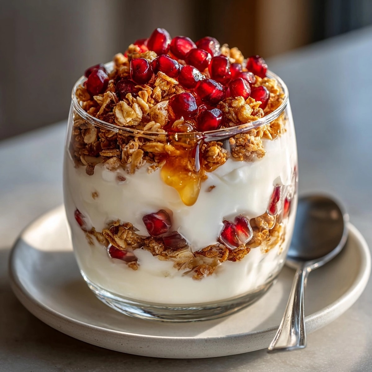 Greek Yogurt Parfait with Pomegranate & Granola layered in a glass, topped with honey drizzle.