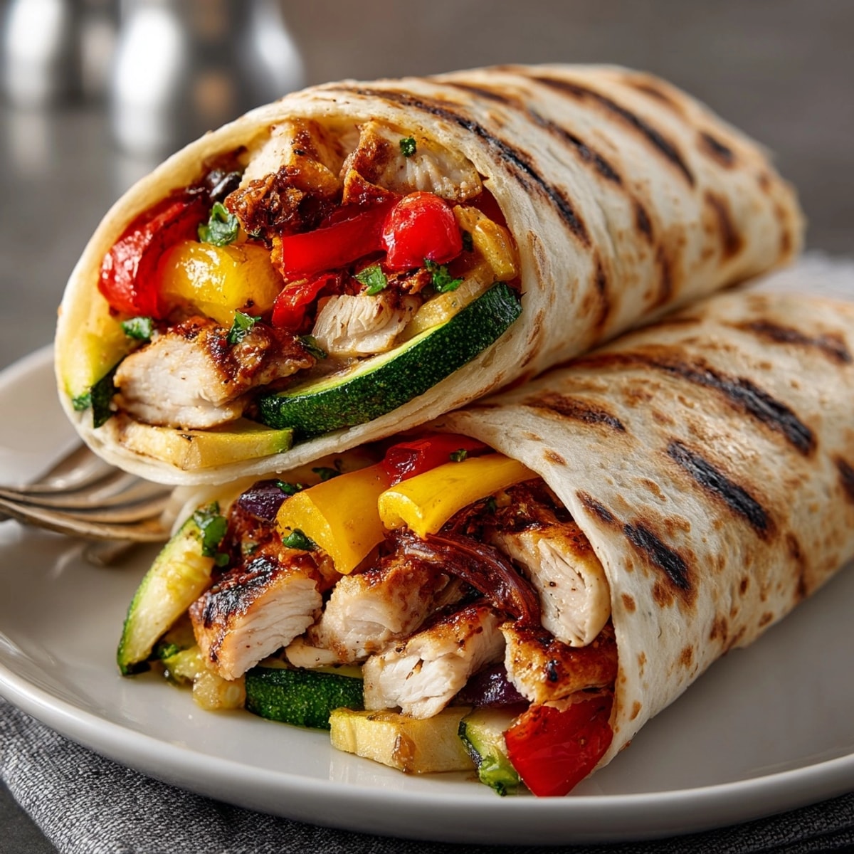 BBQ Chicken and Roasted Veggie Wraps with smoky flavor, served with creamy ranch dip