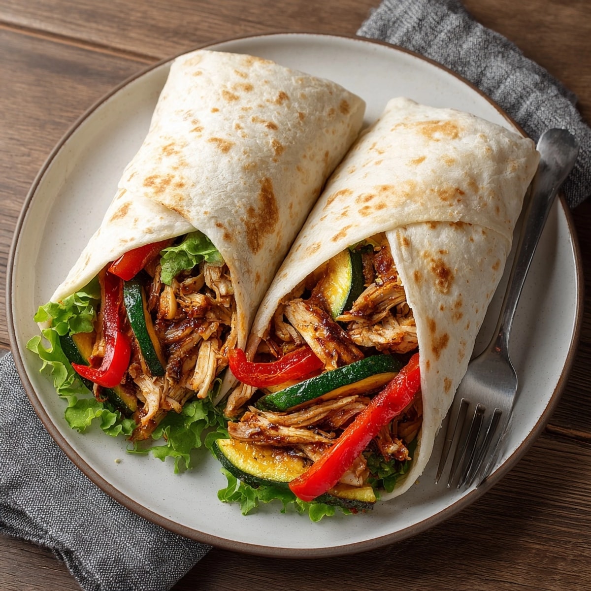 Colorful BBQ Chicken and Roasted Veggie Wraps packed with crisp peppers and sweet onions