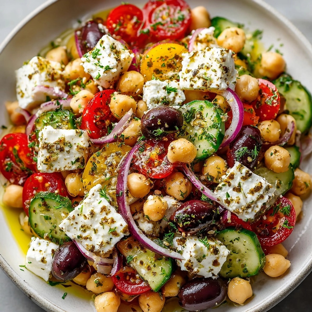 Fresh Mediterranean Chickpea and Feta Salad tossed with crisp vegetables and lemon dressing