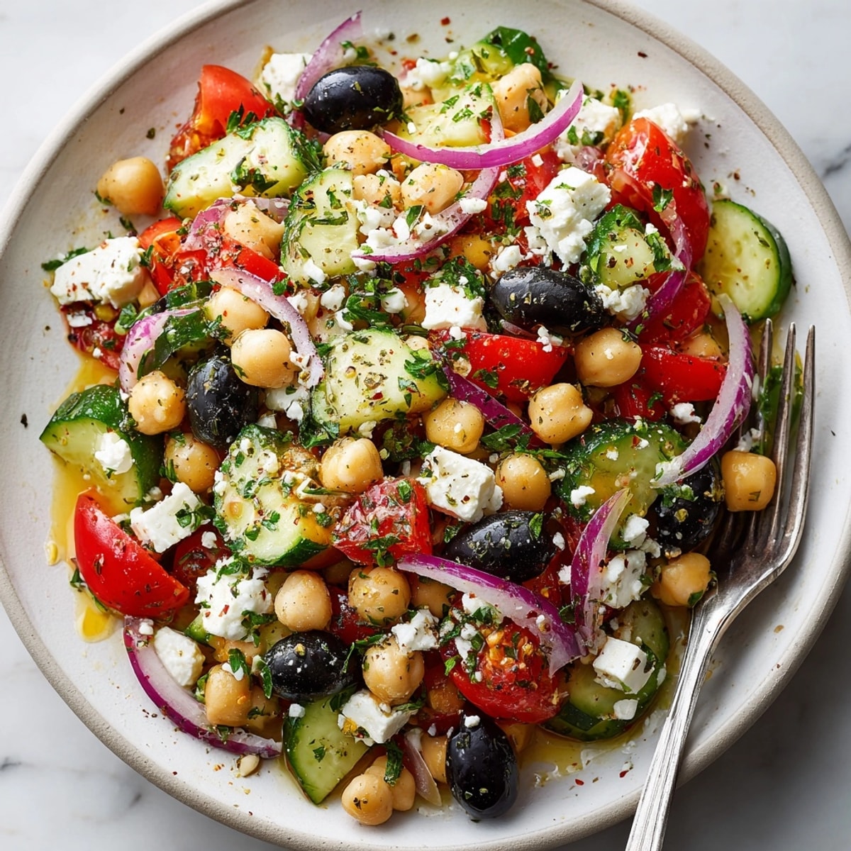 Colorful bowl of Mediterranean Chickpea and Feta Salad topped with herbs, ready to serve