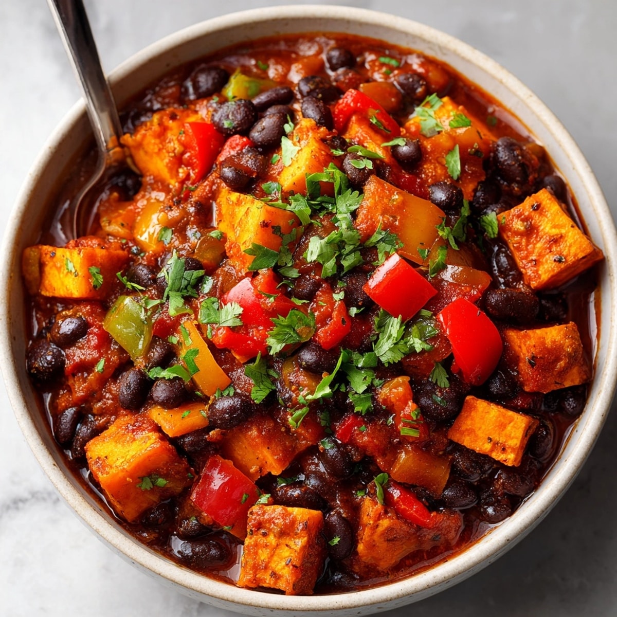 Hearty sweet potato and black bean chili simmering in a rustic Dutch oven pot.