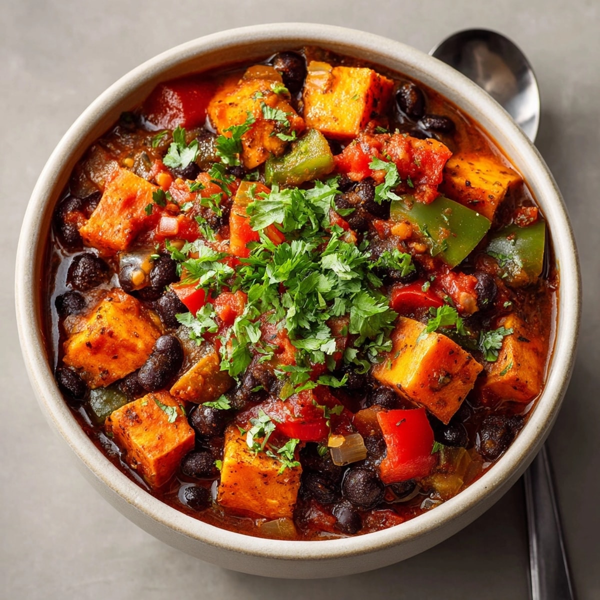 Warm bowl of sweet potato and black bean chili served with lime wedges and cornbread.