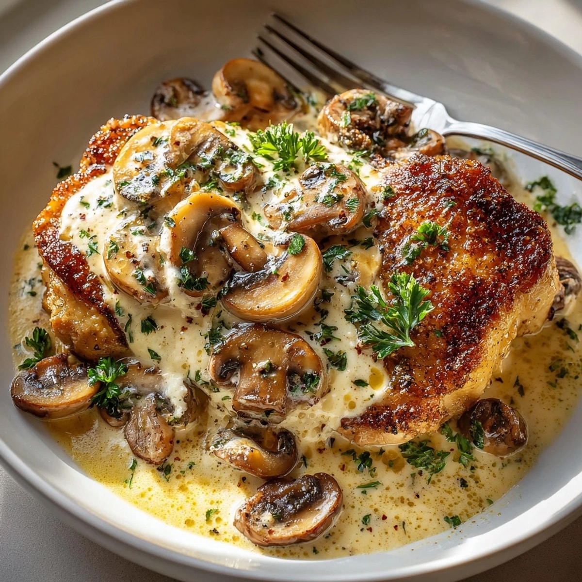 One-Pan Creamy Mushroom Chicken garnished with fresh herbs in a skillet, ready to serve