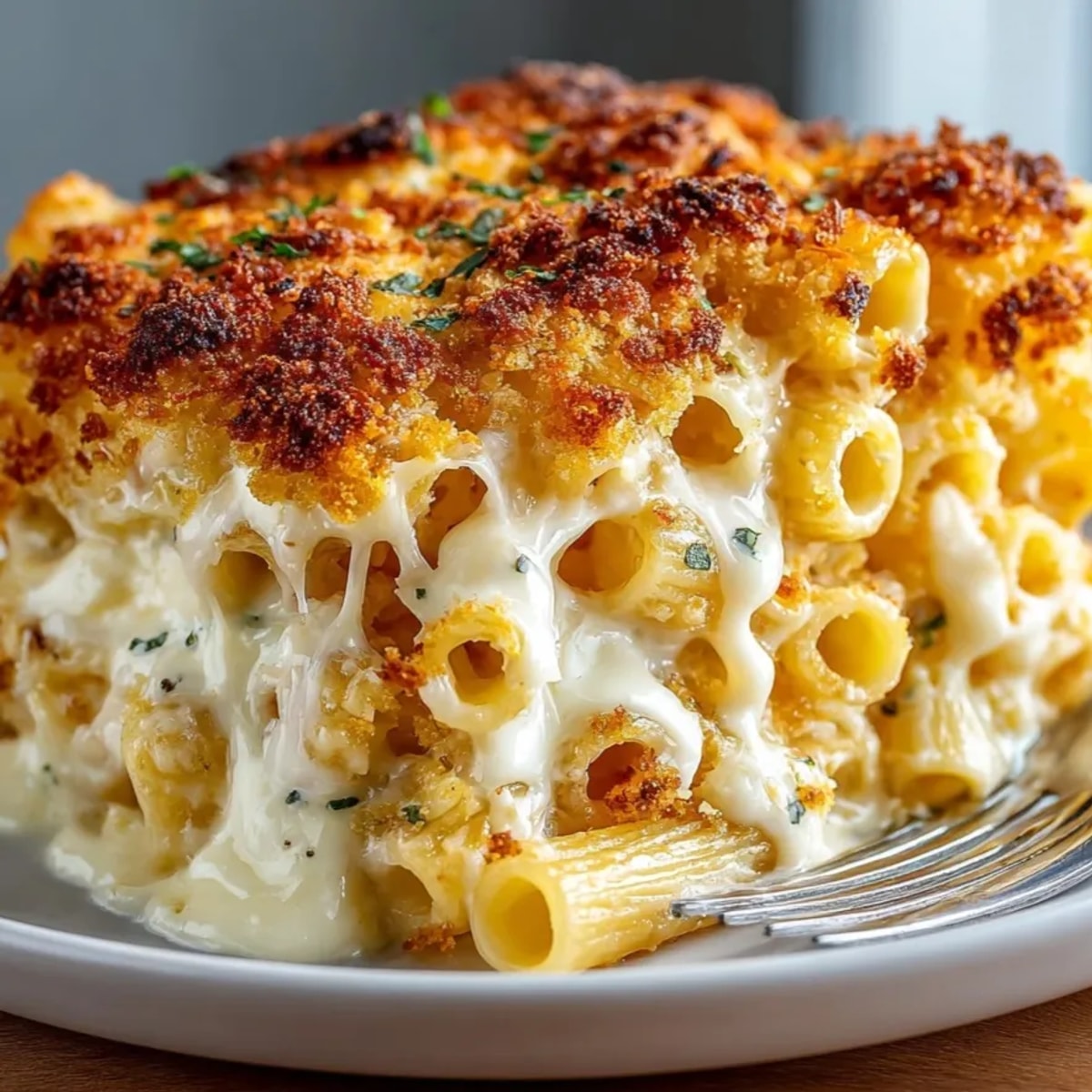 Baked mac and cheese with crispy topping bubbling hot in a cast iron skillet.