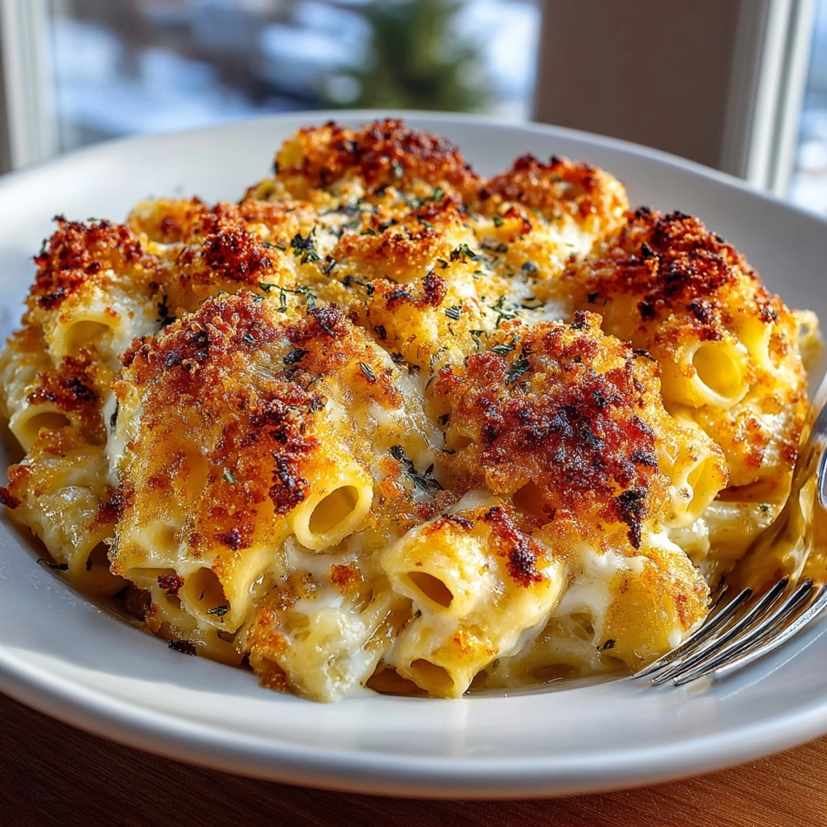 Golden baked mac and cheese with crispy topping served on a rustic wooden table.