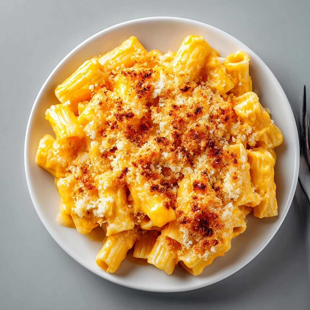 Close-up of creamy baked mac and cheese with crunchy breadcrumb topping, ready to eat.