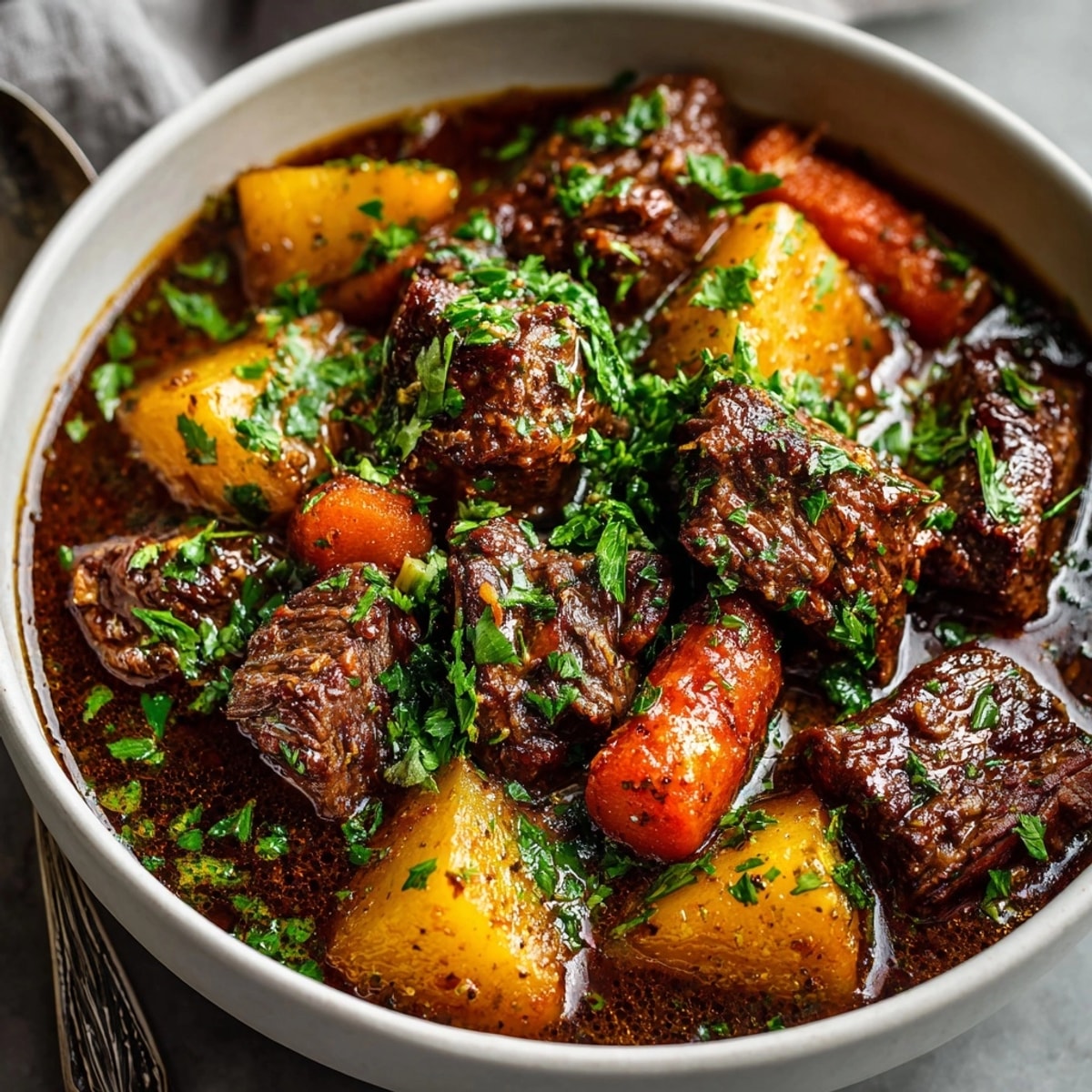 Hearty beef and root vegetable stew simmering in a rustic Dutch oven for dinner