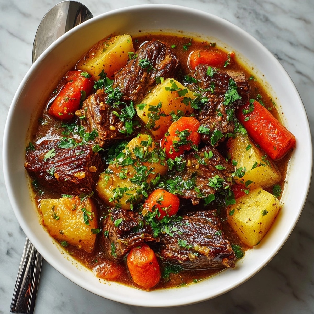 Beef and root vegetable stew garnished with parsley, steaming in a stoneware bowl
