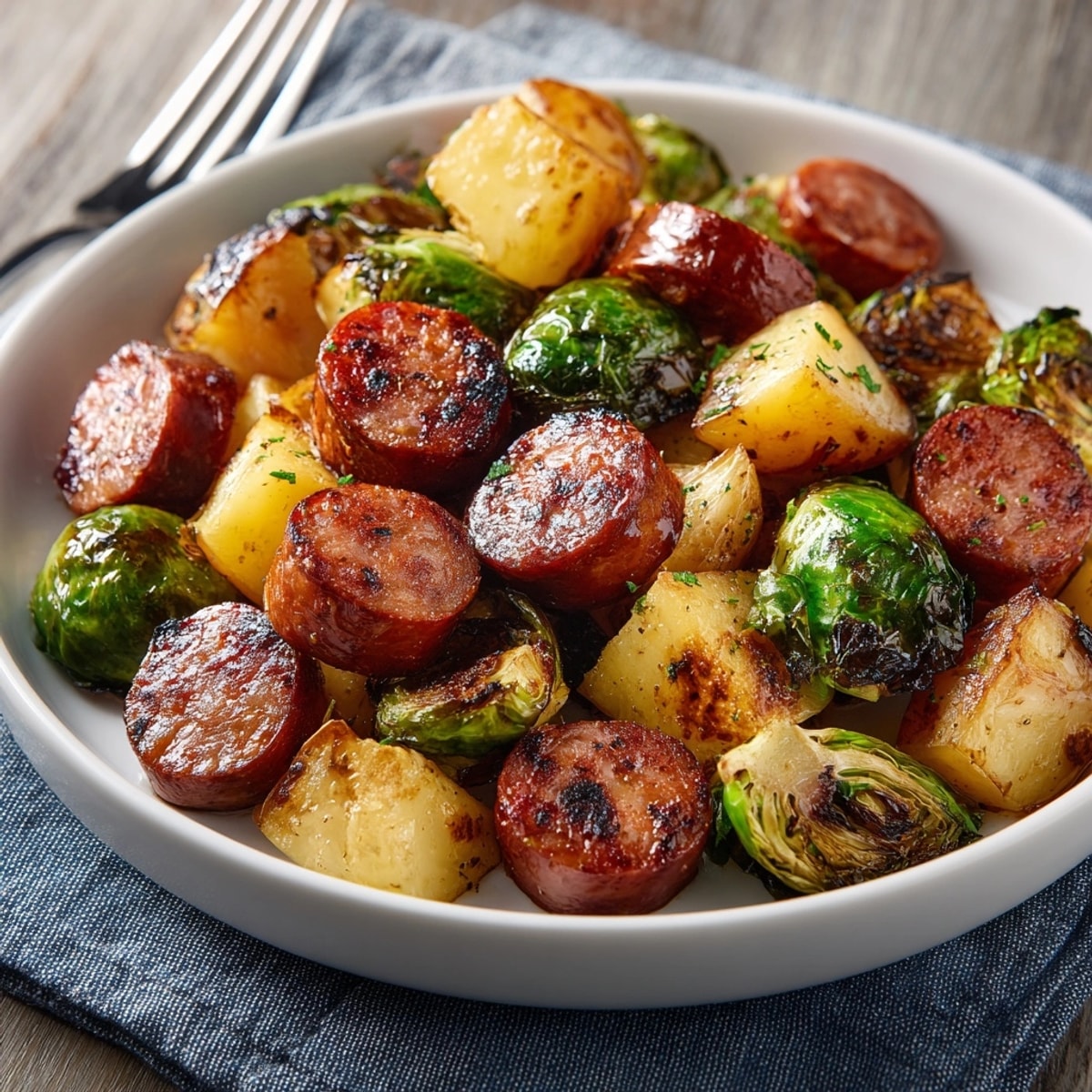 Juicy sausages nestled among crispy potatoes and Brussels sprouts on a sheet pan.