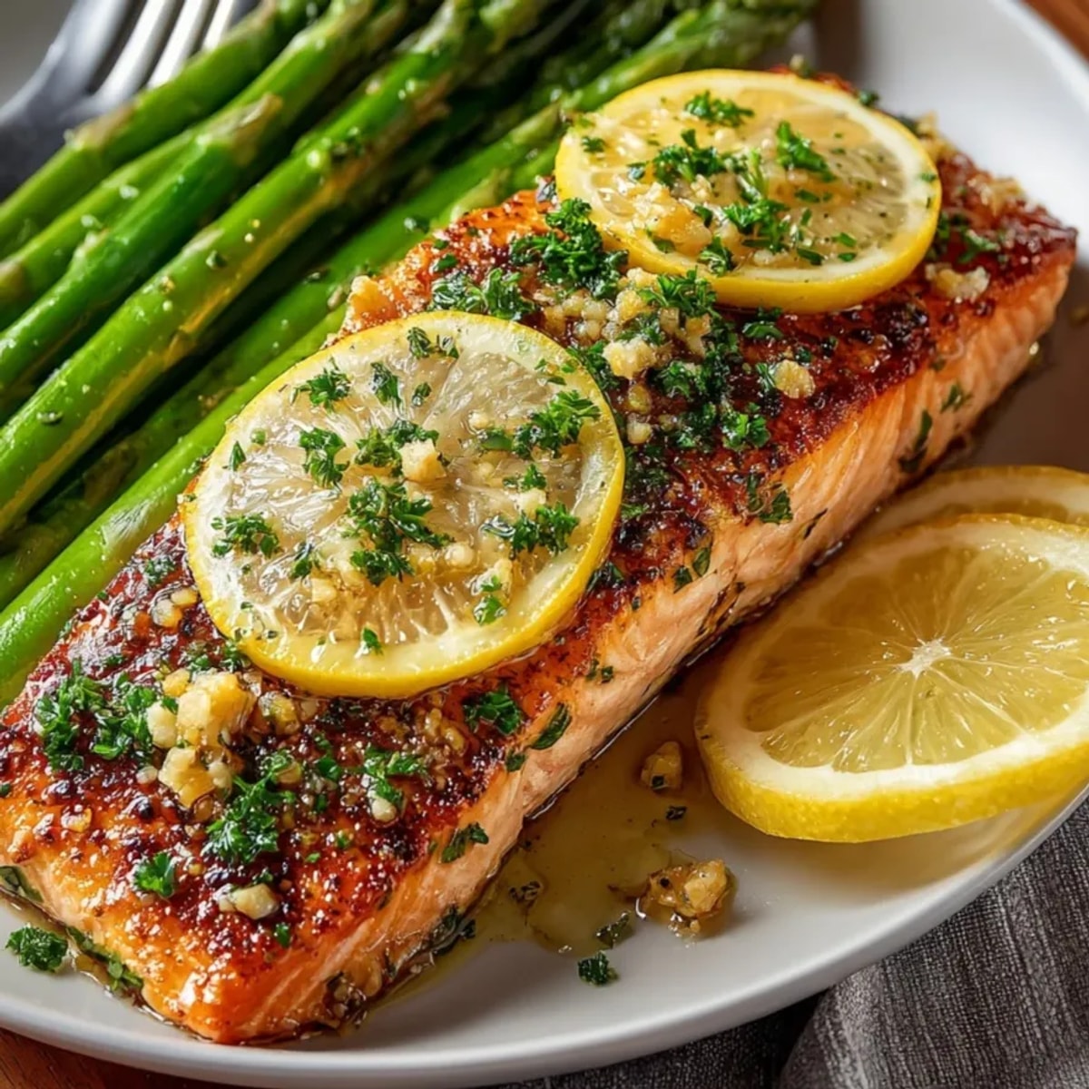 Juicy sheet pan lemon garlic salmon with asparagus, garnished with fresh lemon slices and herbs