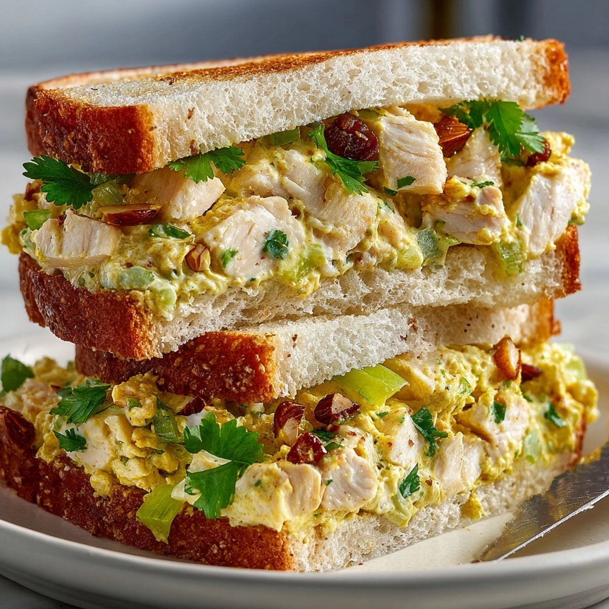 Classic Curried Chicken Salad Sandwiches piled high on toasted whole wheat bread, ready to serve
