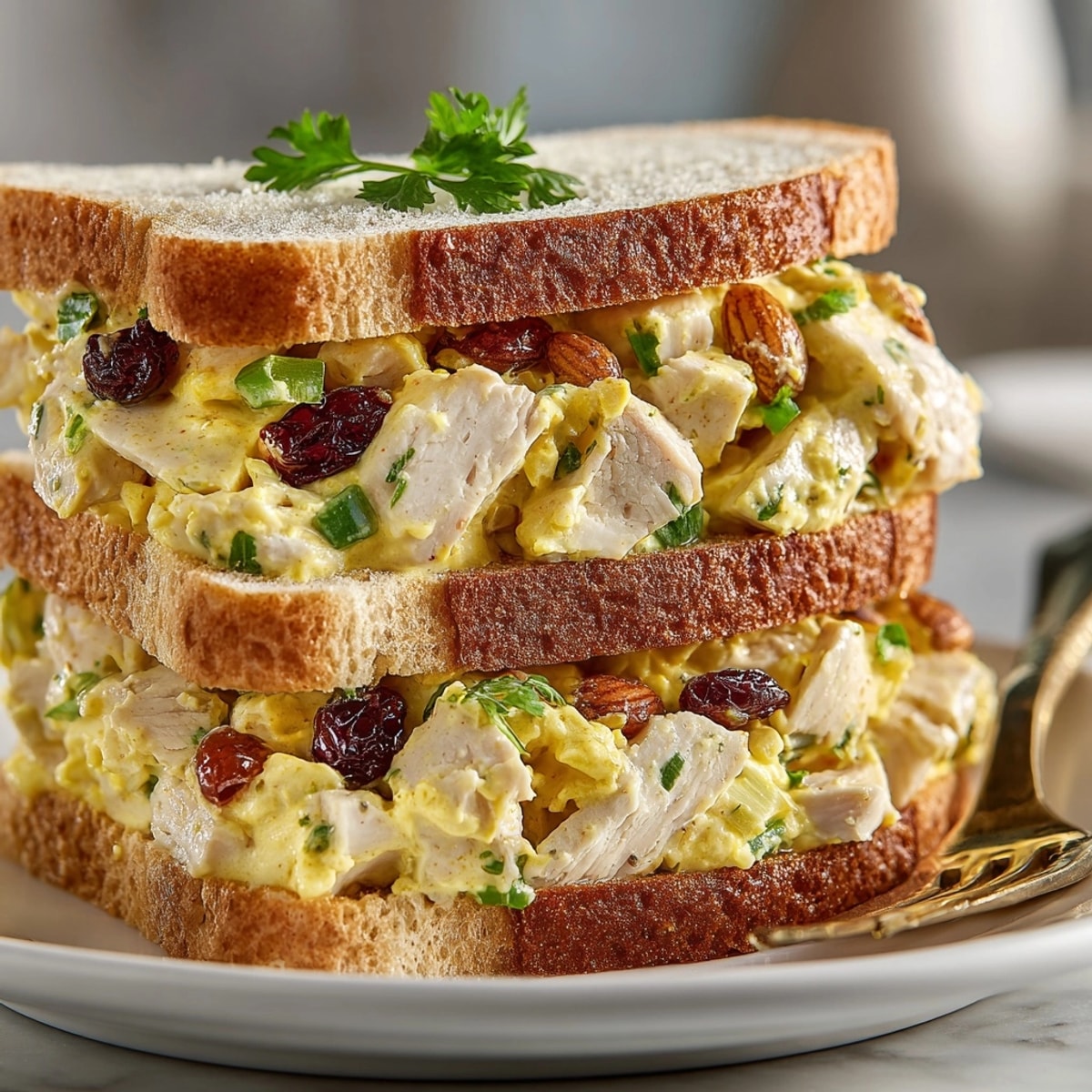 Fresh Classic Curried Chicken Salad Sandwiches with grapes and lettuce on a picnic table