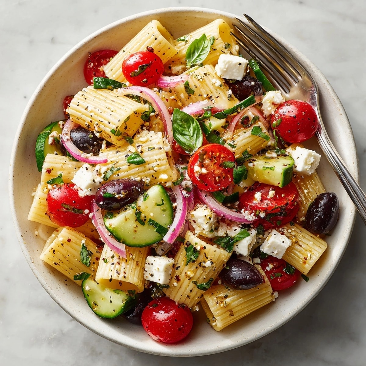 Colorful Mediterranean Pasta Salad with Olives and Feta served in a white bowl, garnished with fresh herbs