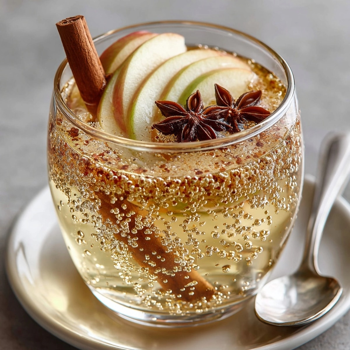 Chilled glass of autumn spiced apple cider mocktail garnished with cinnamon sticks and orange slice