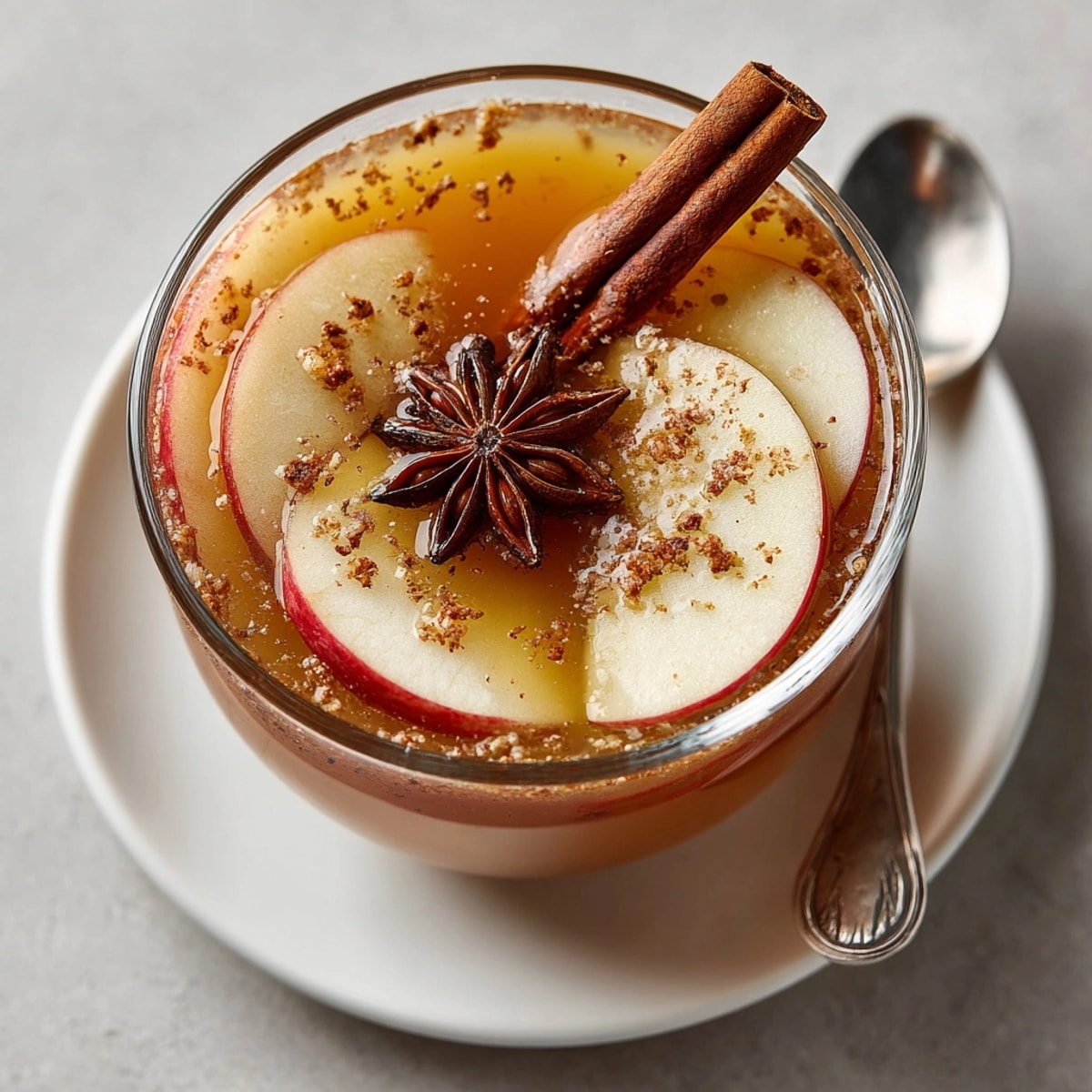 Sparkling autumn spiced apple cider mocktail with fresh apple slices and aromatic fall spices