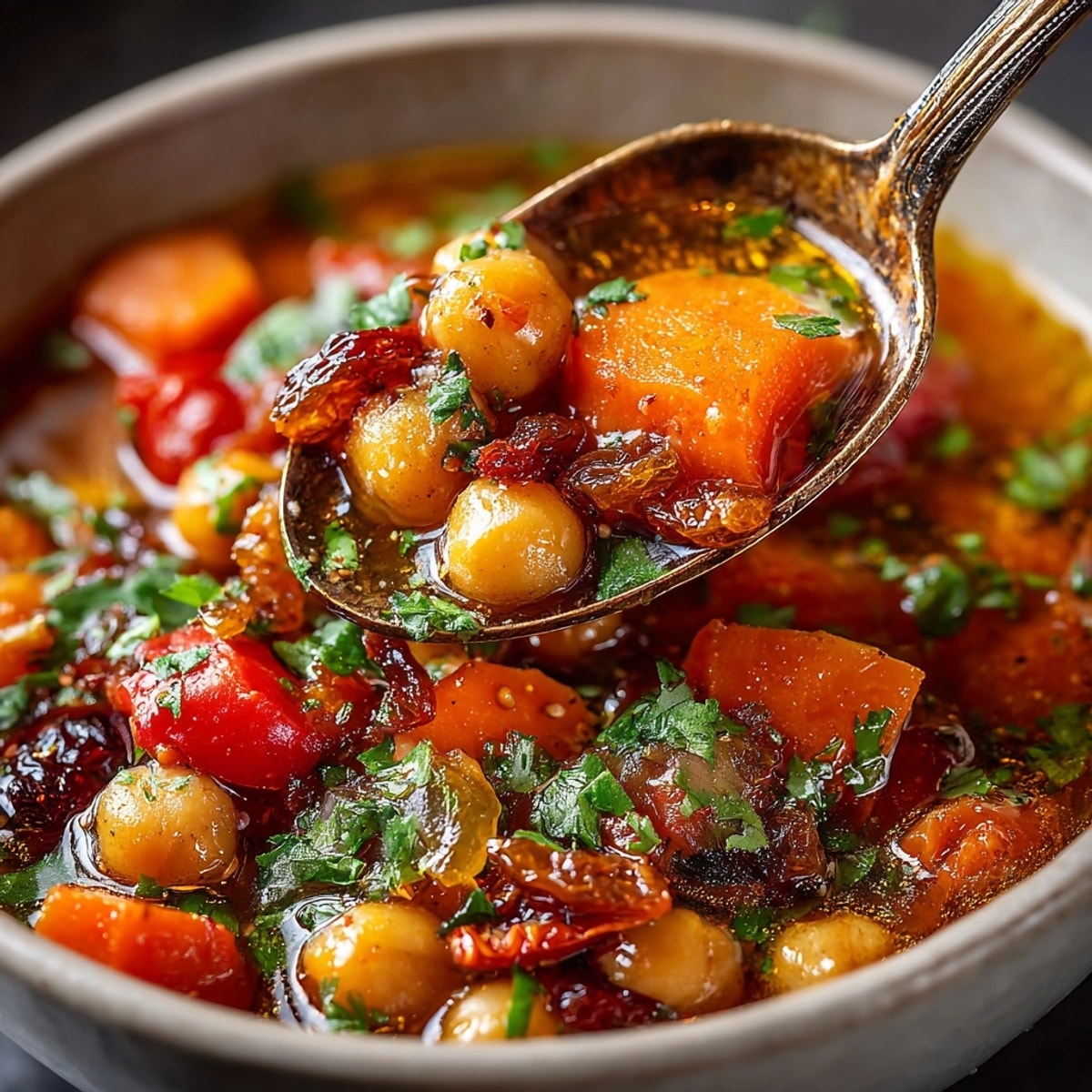 Slow Cooker Moroccan Chickpea Stew simmered with vibrant spices and served in rustic bowls