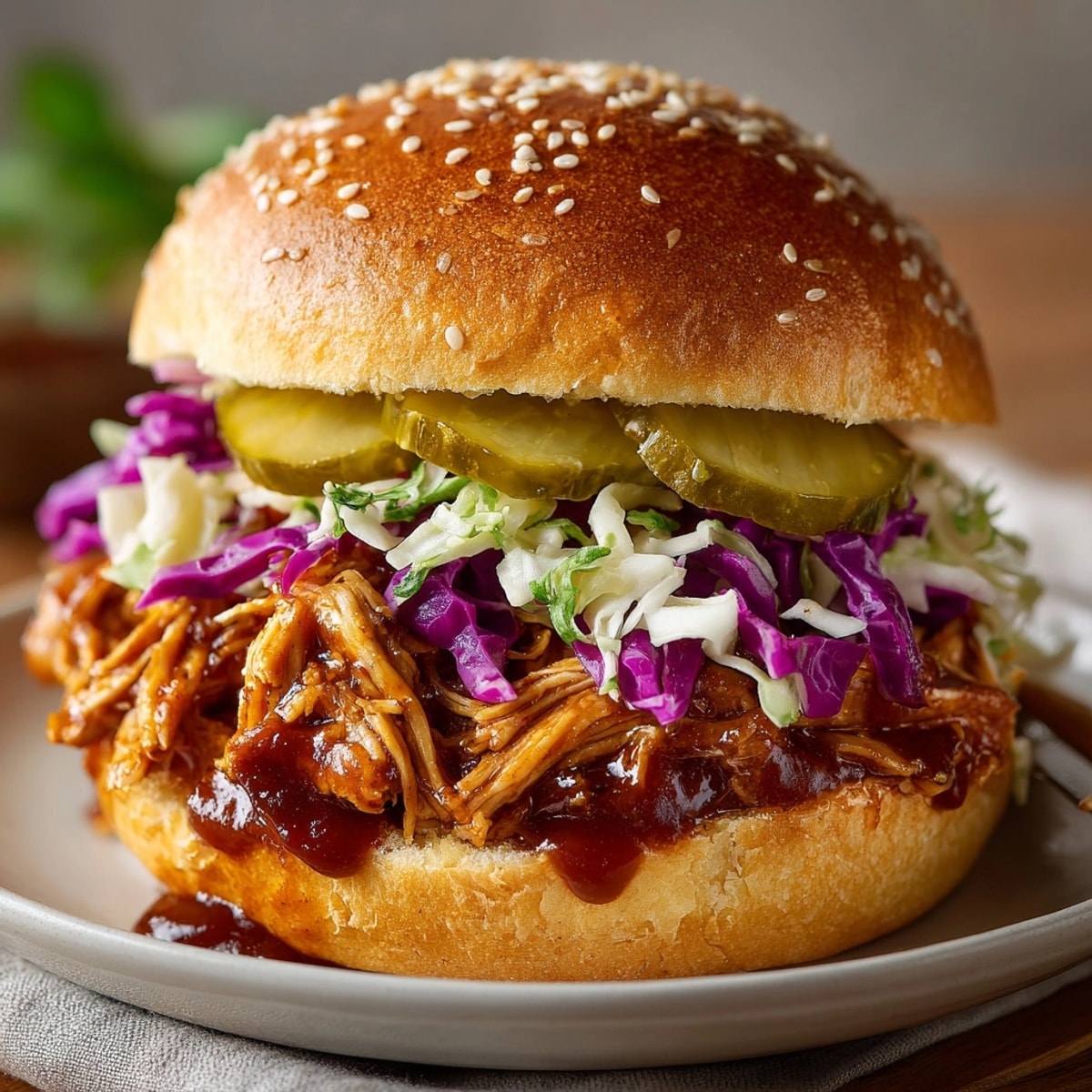 Slow Cooker BBQ Pulled Chicken Sandwiches piled high on soft buns, topped with tangy coleslaw