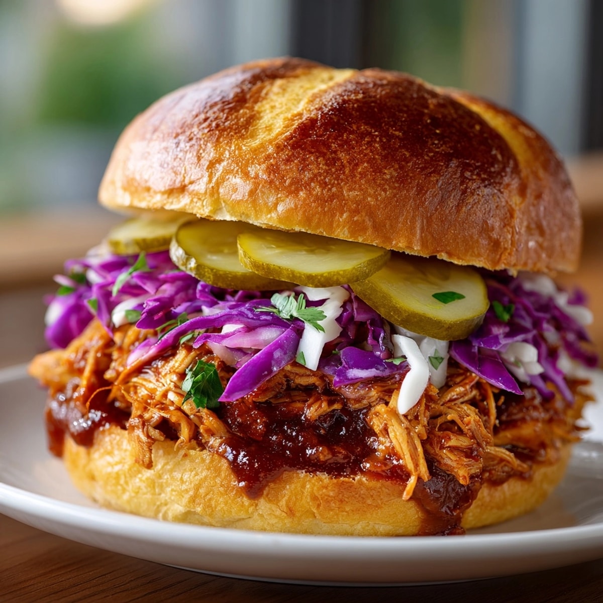 Juicy slow cooker BBQ pulled chicken sandwiches served with pickles and melted cheese on fresh rolls