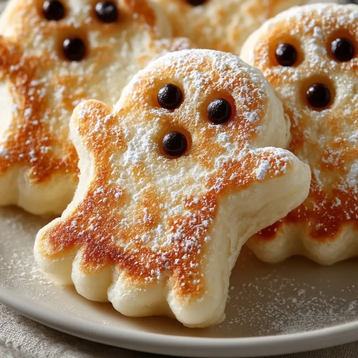 Stack of warm, spooky Ghost Pancakes dusted with powdered sugar smiles, ready to eat.