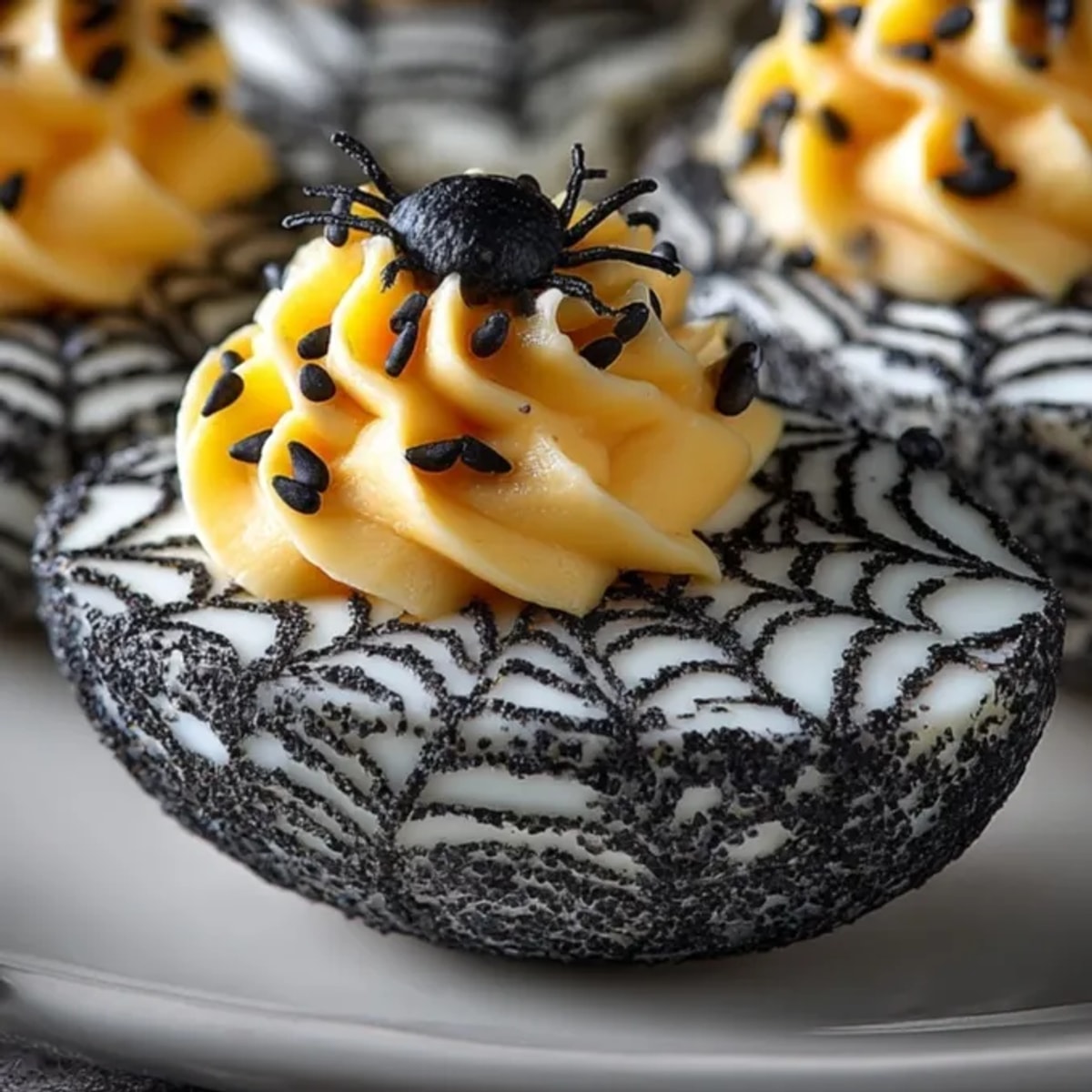 Spiderweb Deviled Eggs: Spooky Halloween appetizer with intricate black tea stained web design.