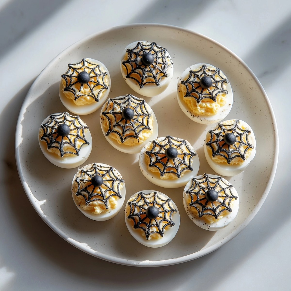 Creamy Spiderweb Deviled Eggs recipe, garnished with sesame, ready to serve as party bites.