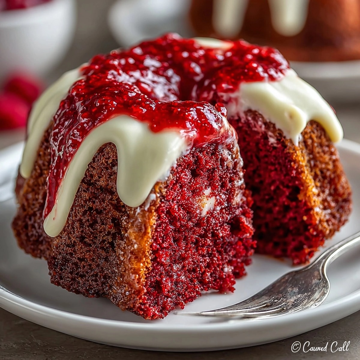 Rich Vampire Blood Red Velvet Bundt Cake with creamy frosting and strained raspberry sauce.