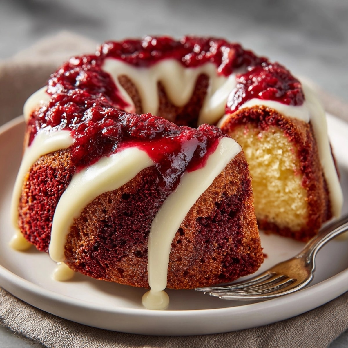 Homemade Vampire Blood Red Velvet Bundt Cake, cooling slightly, glazed and ready for Halloween.