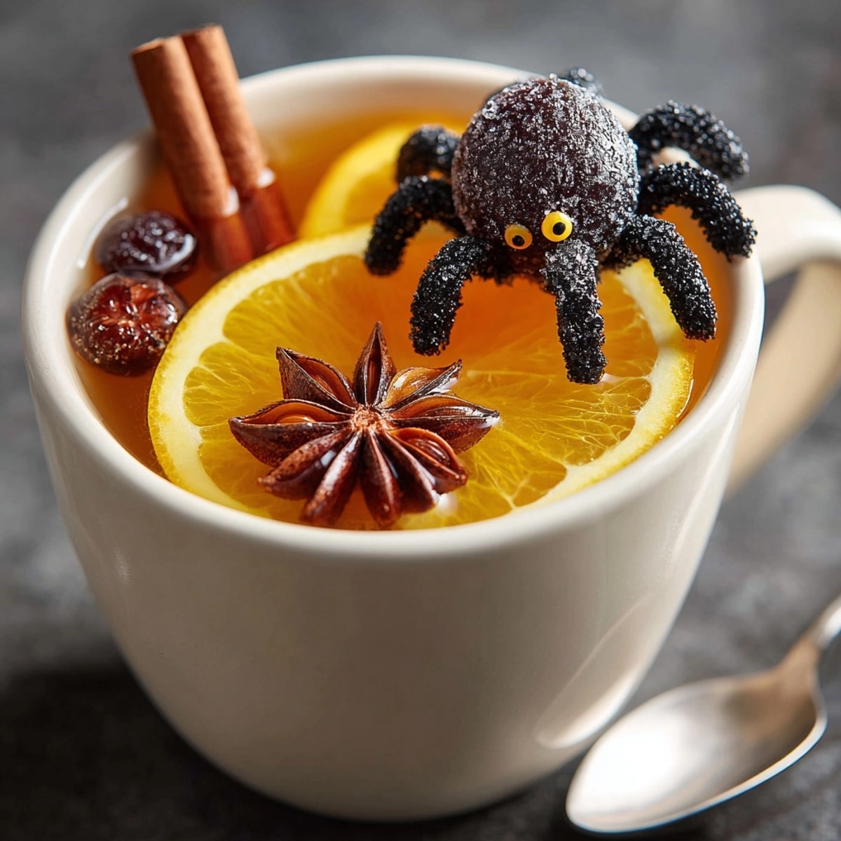 Hot Spider Cider: Spiced apple cider with creepy crawly spider garnish.