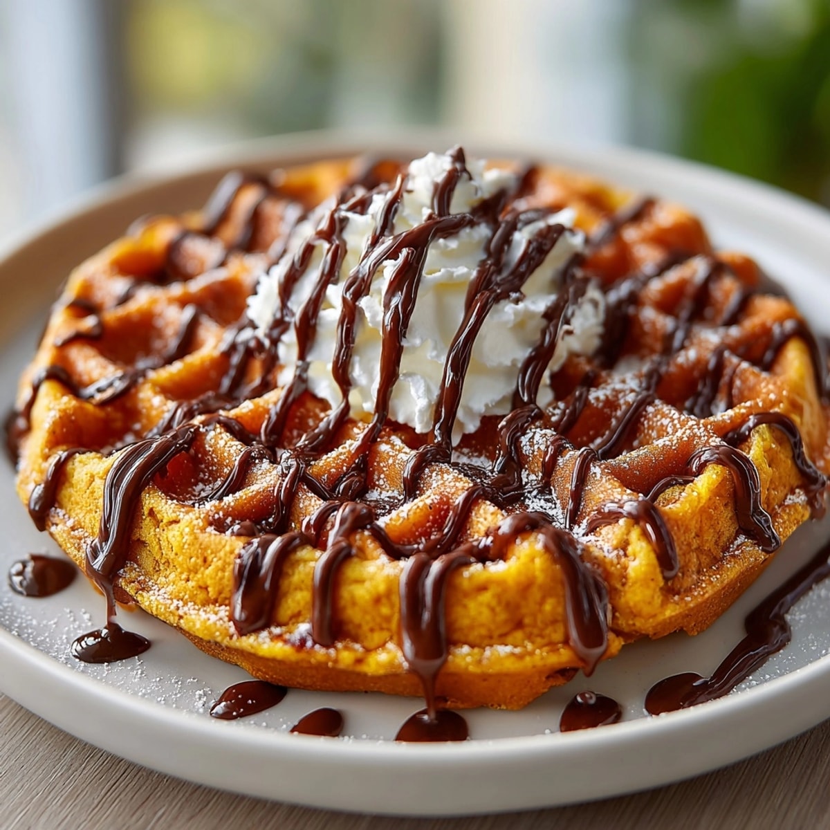 Golden pumpkin spice waffles with a shiny chocolate web, fresh from the iron.