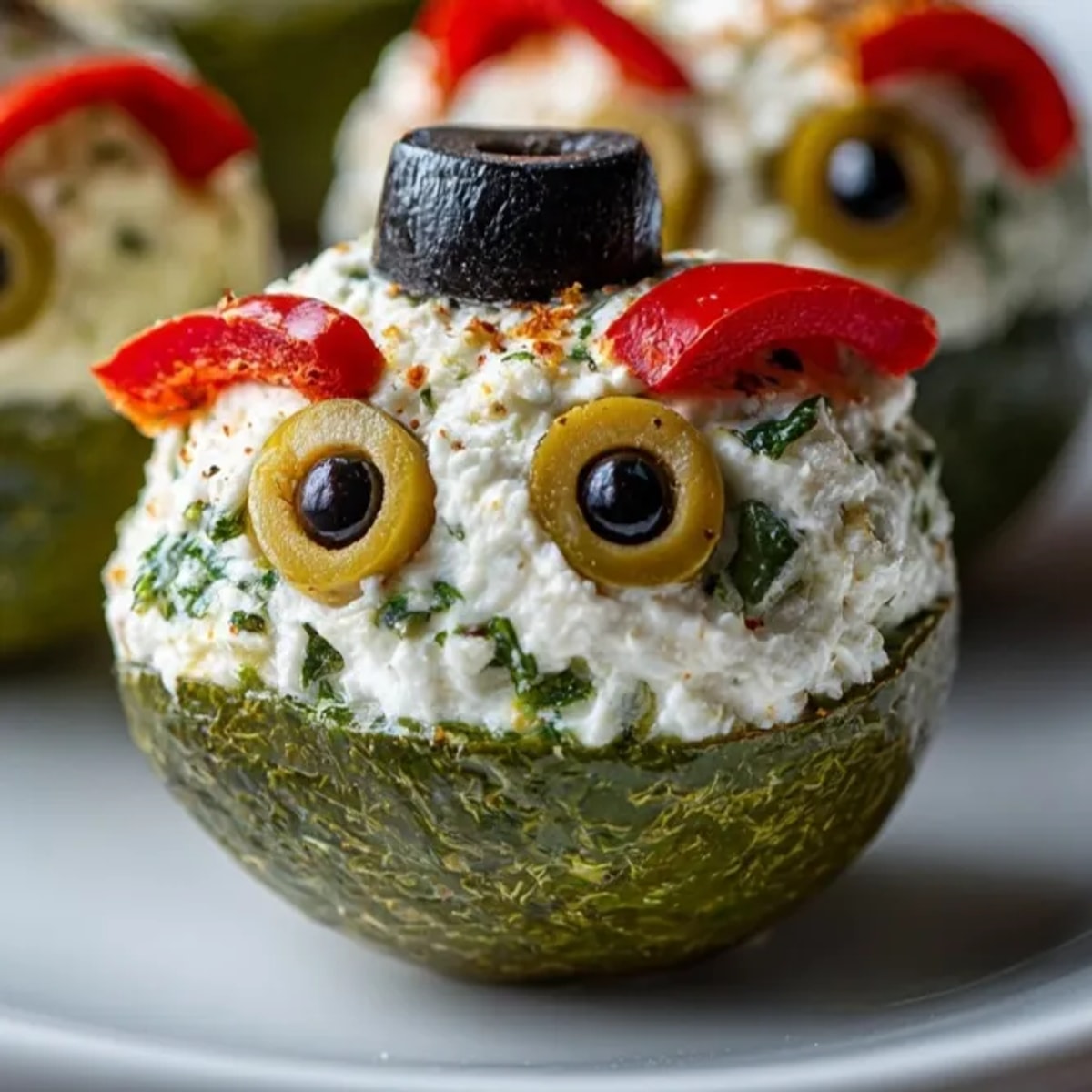 Close-up of spooky Eyeball Stuffed Olives: creamy, salty, a perfect Halloween appetizer.