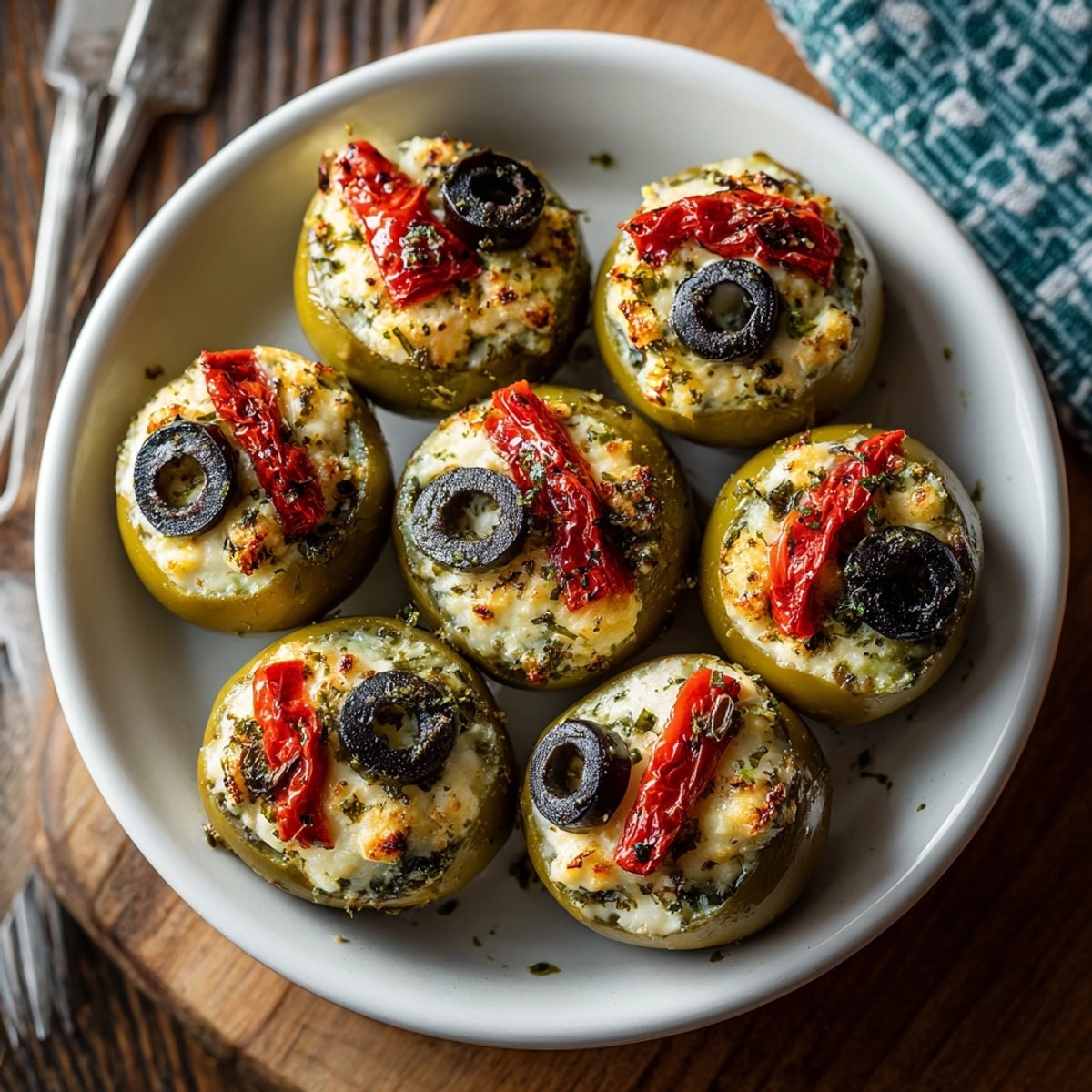 Festive Eyeball Stuffed Olives ready to serve—cream cheese filling adds delightful savory, tangy flair.