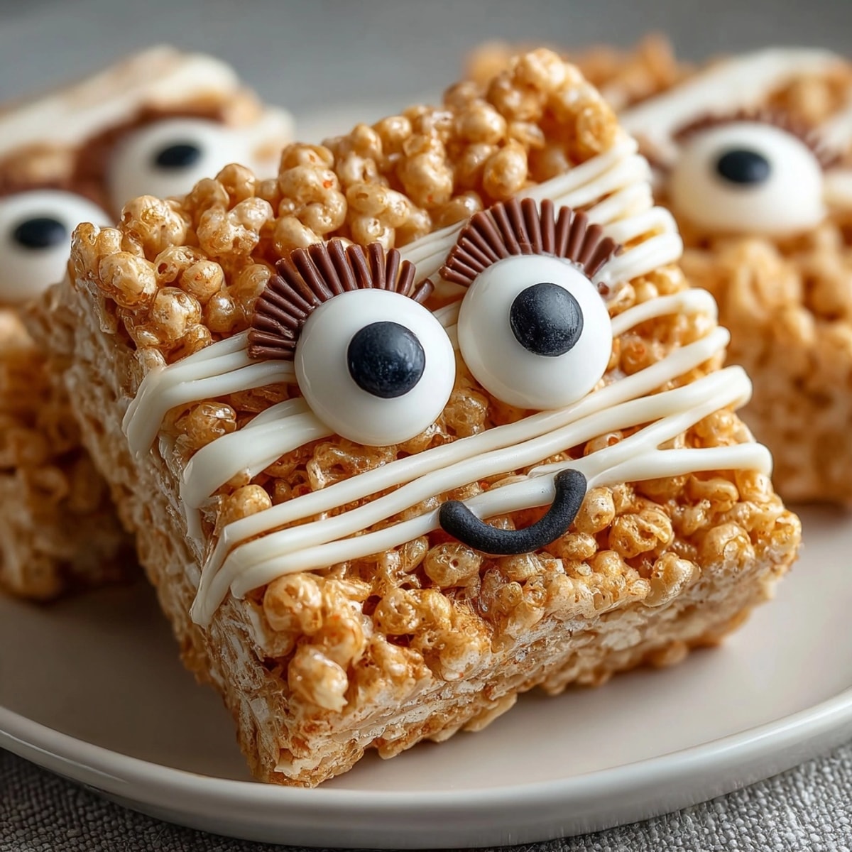 Close-up of gooey Mummy Rice Krispie Treats with sweet white chocolate wrap and candy eyes.
