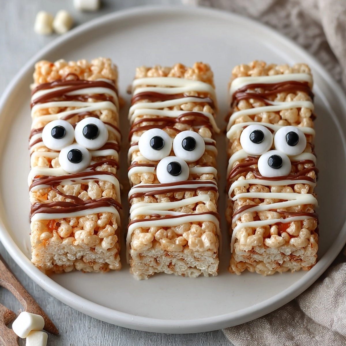Easy, no-bake Mummy Rice Krispie Treats: crisped rice, marshmallows, and melting white chocolate.