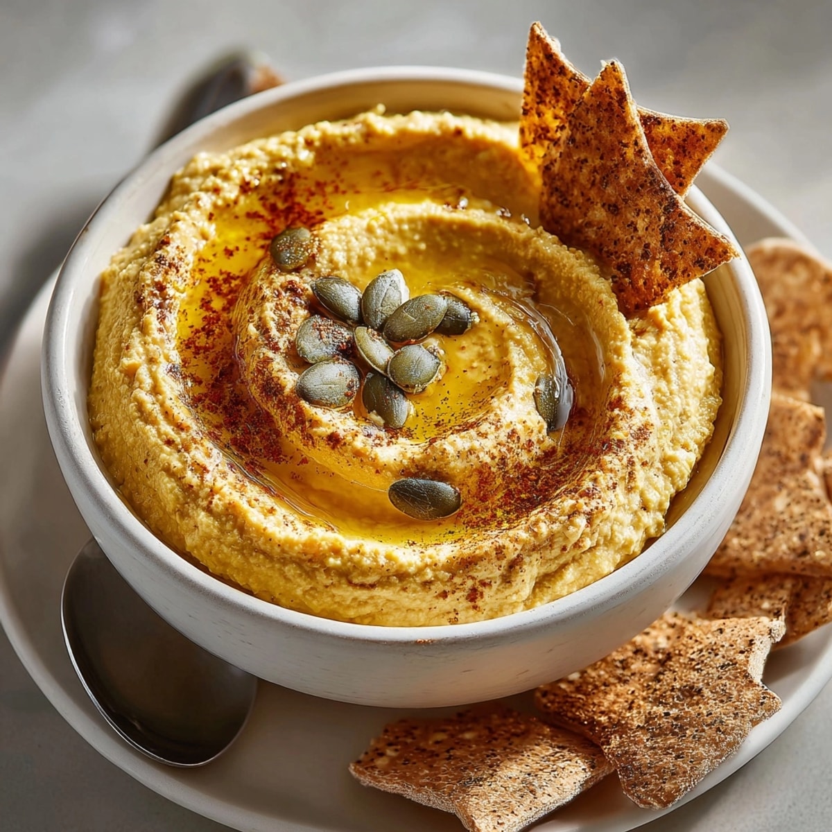 Creamy Pumpkin Spice Hummus, swirled in a bowl, served with crispy bat pita chips.