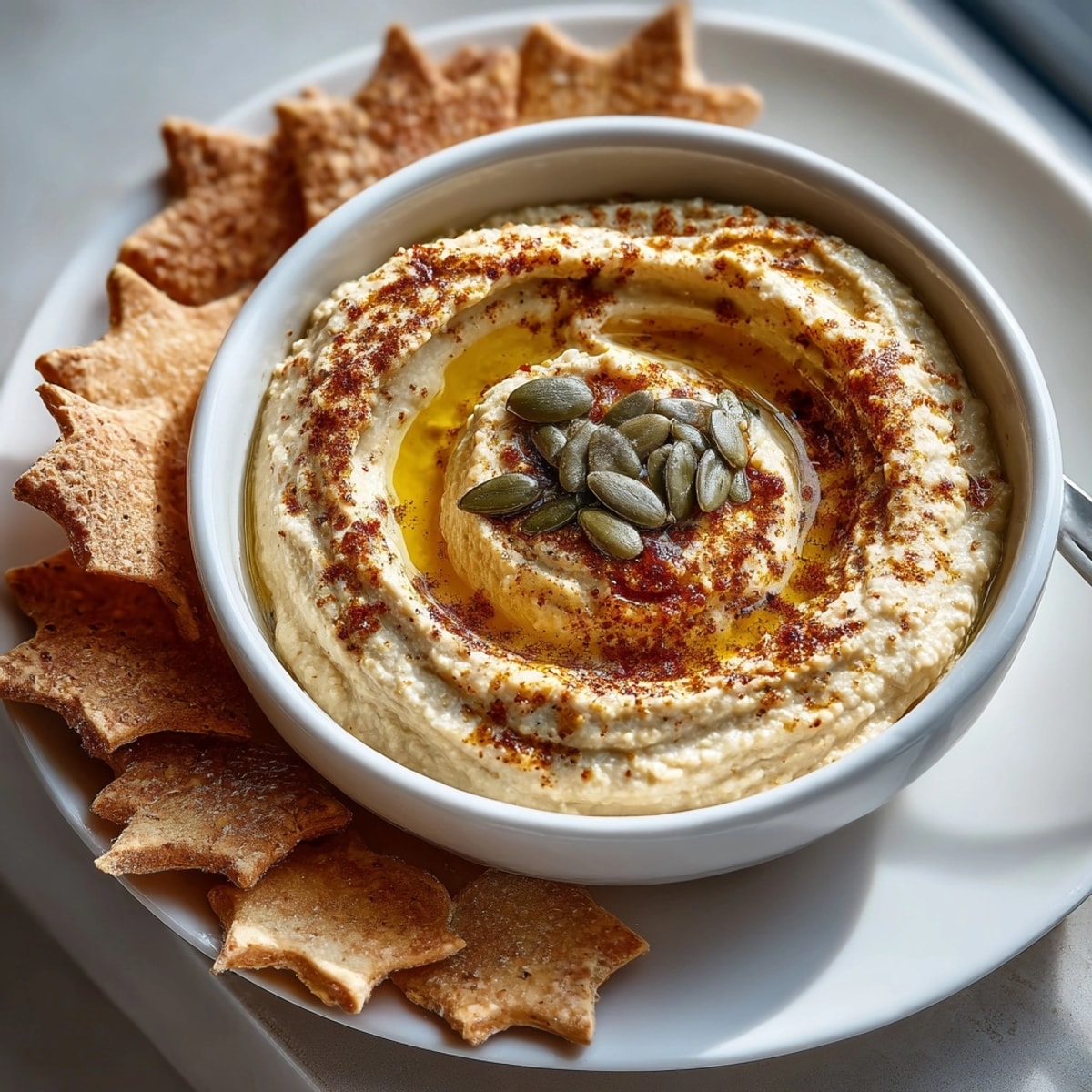 Easy Pumpkin Spice Hummus recipe, garnished with pumpkin seeds, alongside baked pita bats.