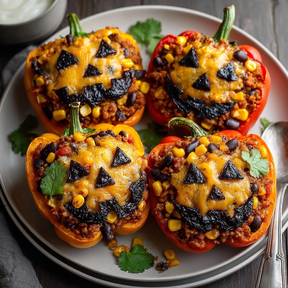 Festive, cheesy black bean stuffed peppers recipe, baked until tender and melty.