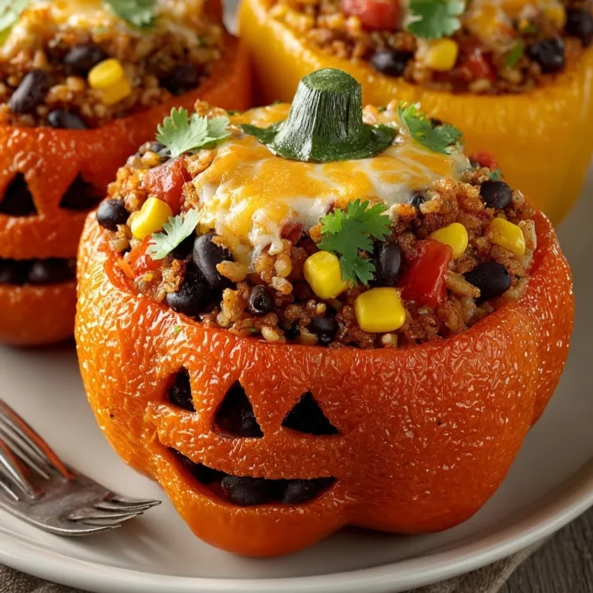 Savory, baked Black Bean Stuffed Peppers: Orange bell peppers filled with a hearty mixture.