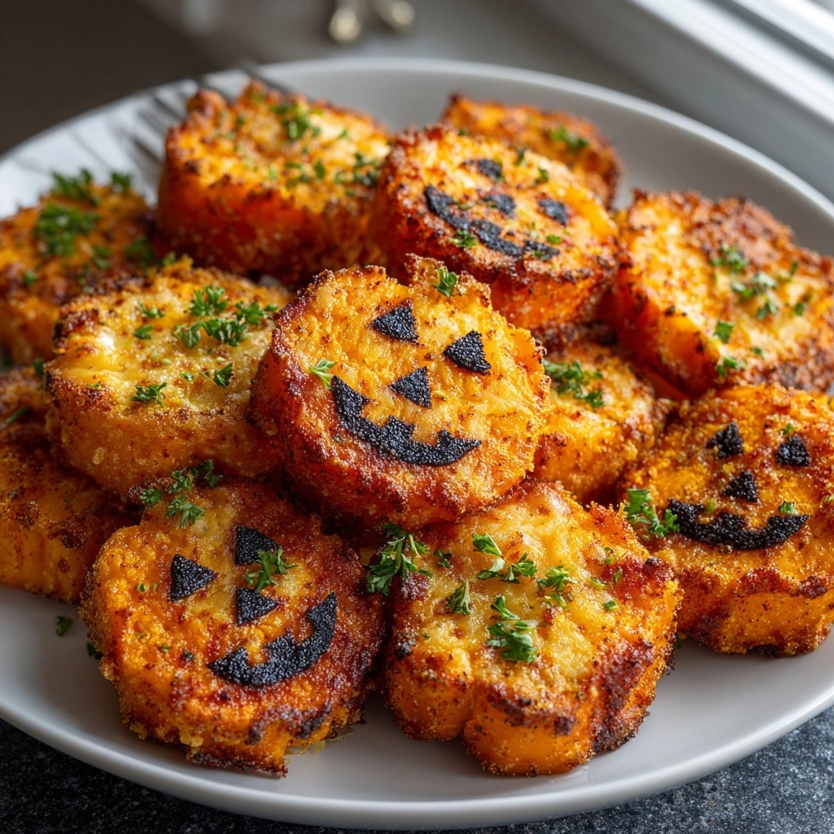 Crispy Air-Fryer Sweet Potato Jack-o'-Lantern Fries, seasoned, golden, and ready for serving.