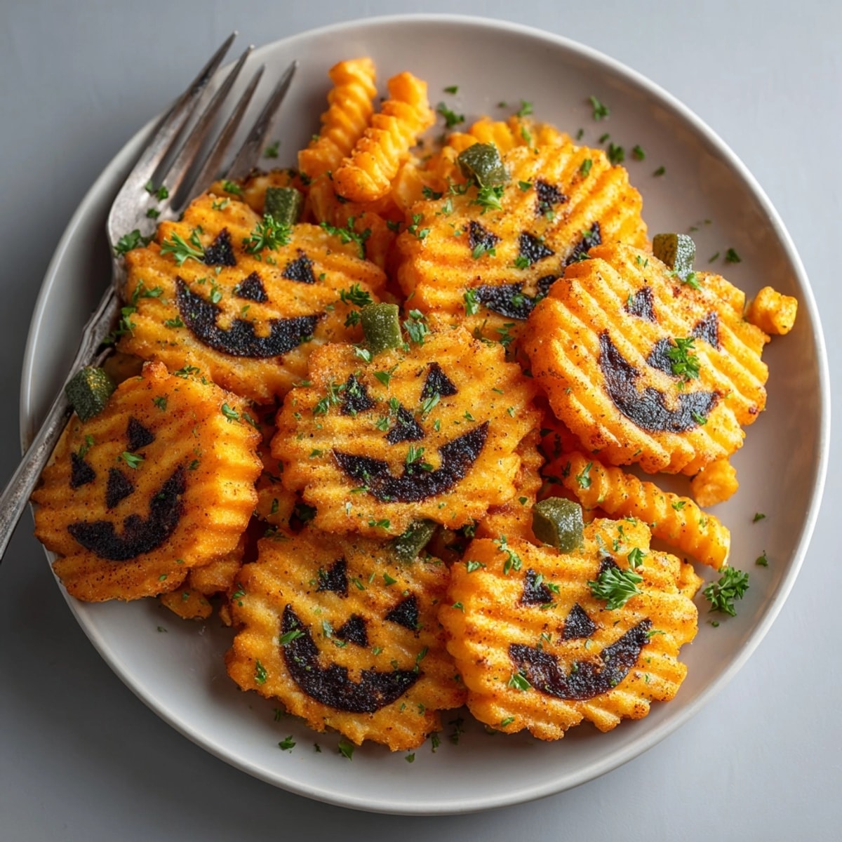Golden Air-Fryer Sweet Potato Jack-o'-Lantern Fries, a spiced and savory autumn side dish.