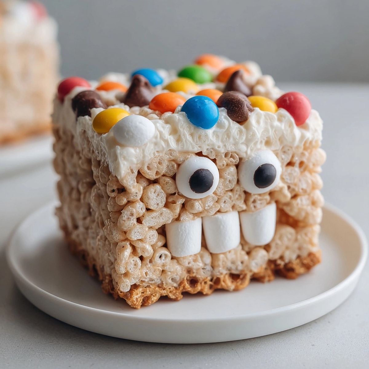 Close-up of gooey Monster Marshmallow Cereal Bars swirled with colorful candies and melted marshmallows.