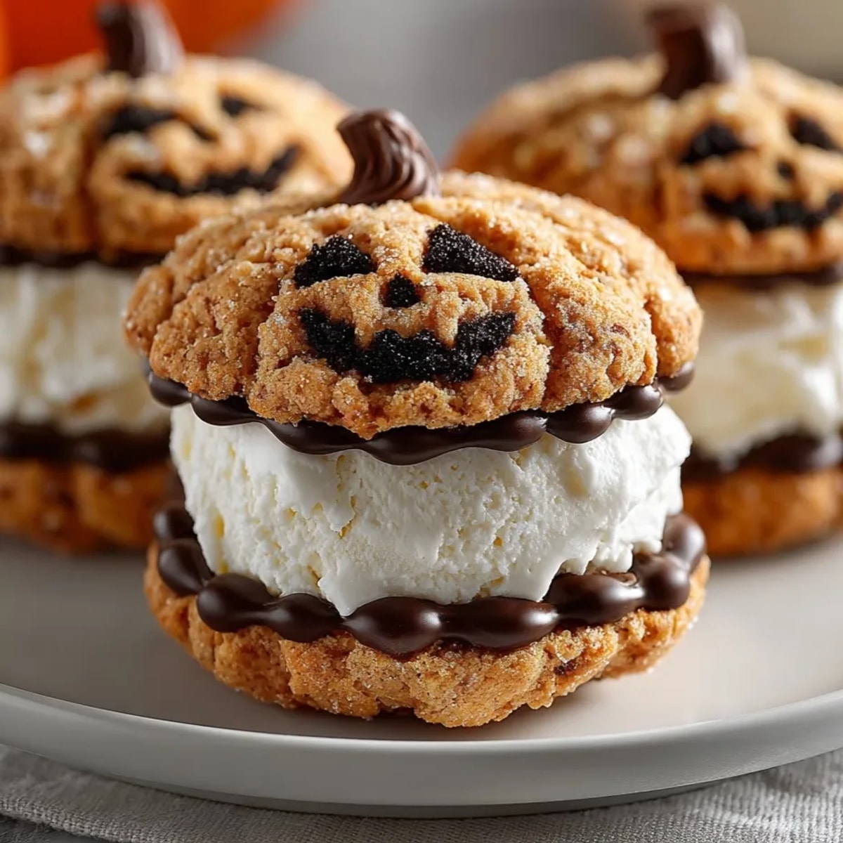 Homemade mini Jack-o'-Lantern ice cream sandwiches with soft pumpkin cookies and creamy vanilla.