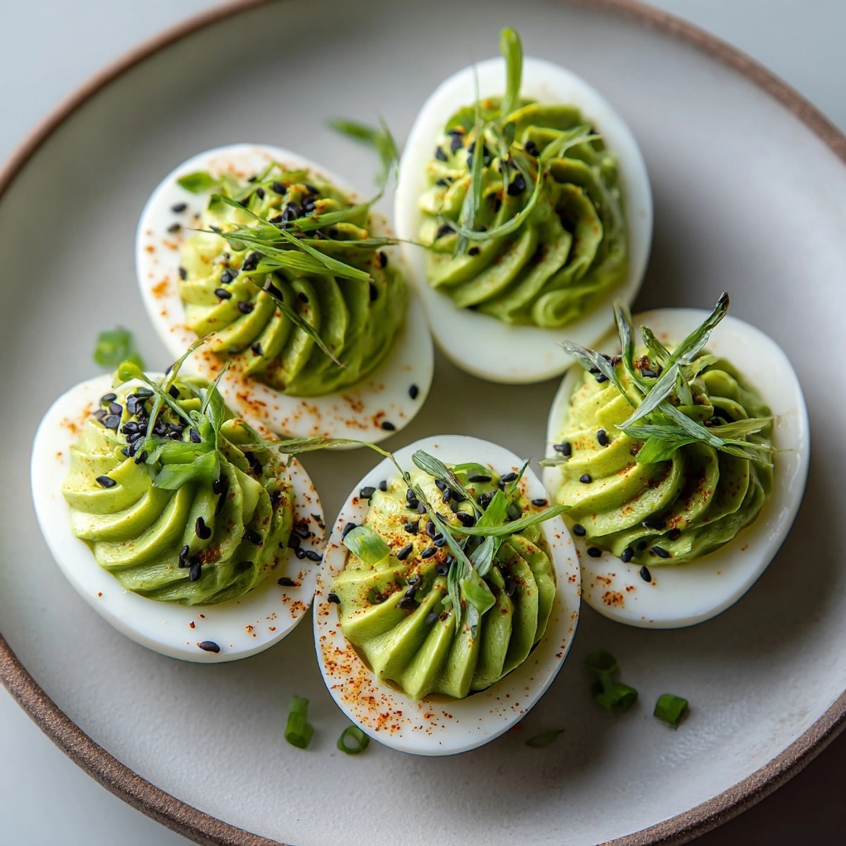 Creamy Ghastly Green Deviled Eggs with wasabi bite, garnished with fresh chives.
