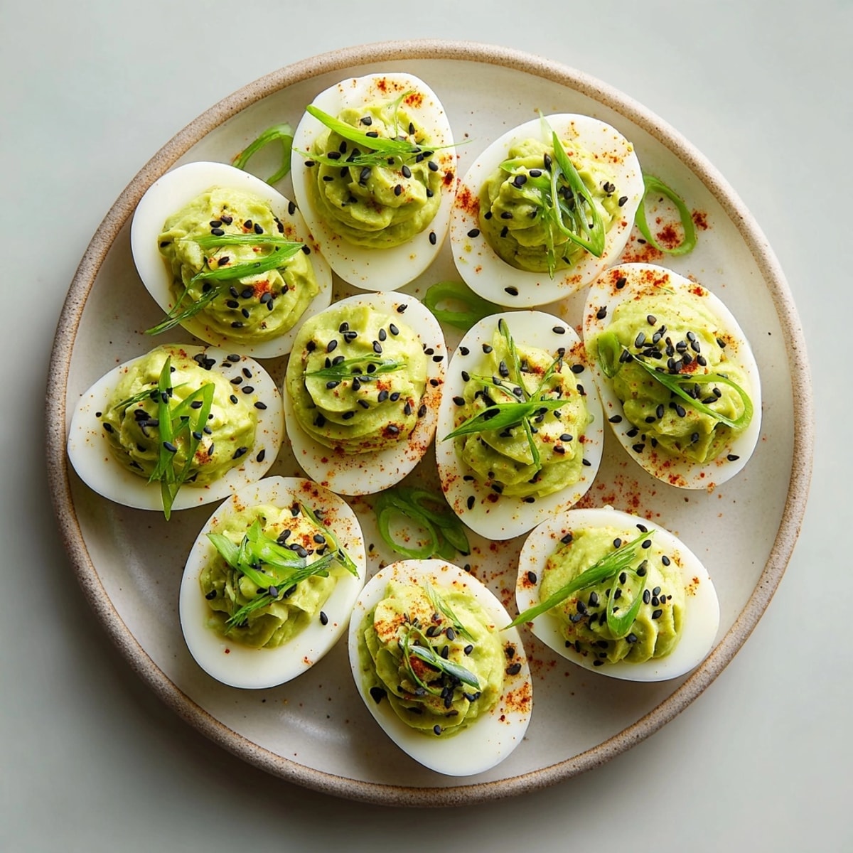Close-up of colorful Ghastly Green Deviled Eggs, ready to be served chilled.
