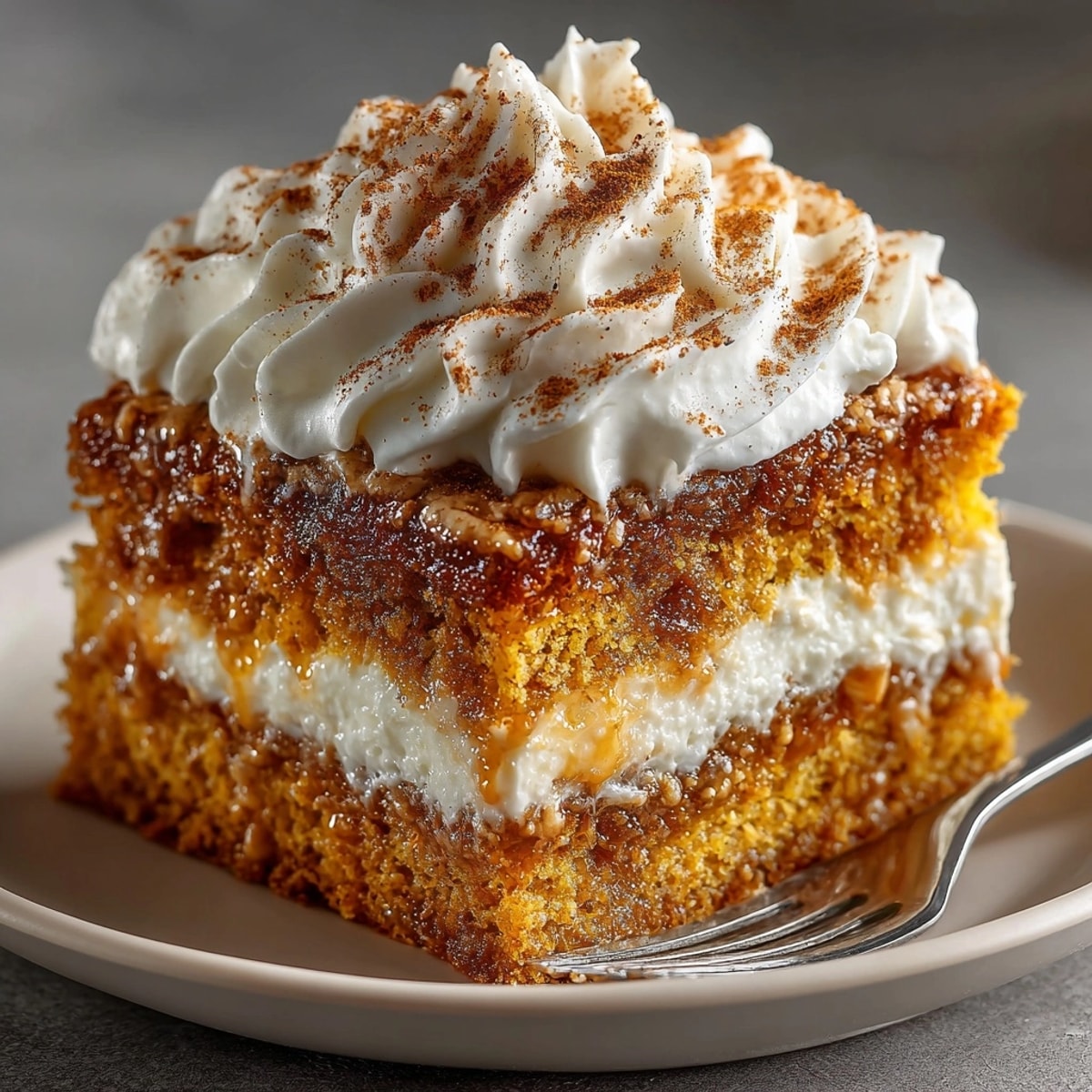 Close-up of a slice of Pumpkin Spice Tres Leches Cake topped with fresh whipped cream.