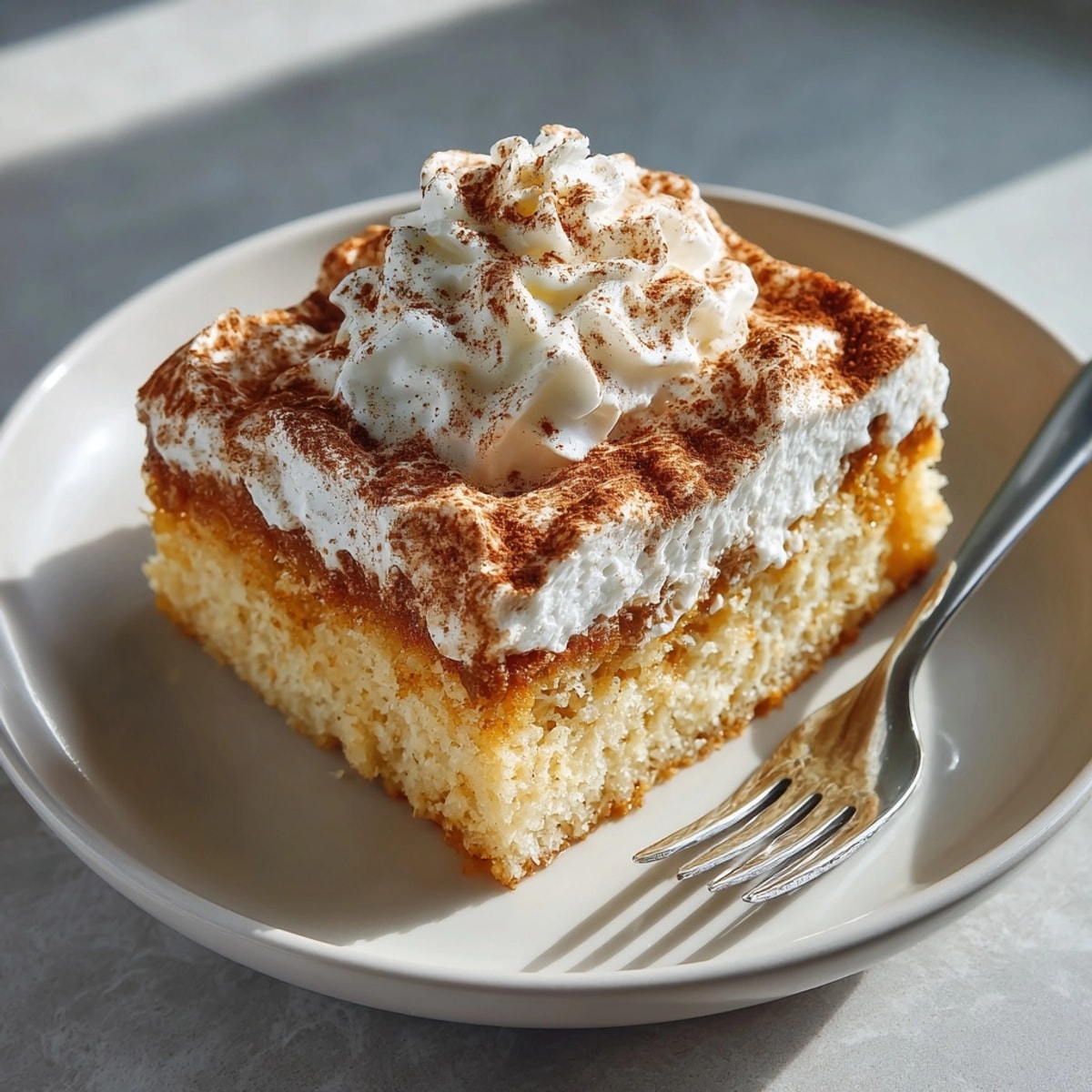 Fluffy Pumpkin Spice Tres Leches Cake squares dusted with spice and rich whipped cream.