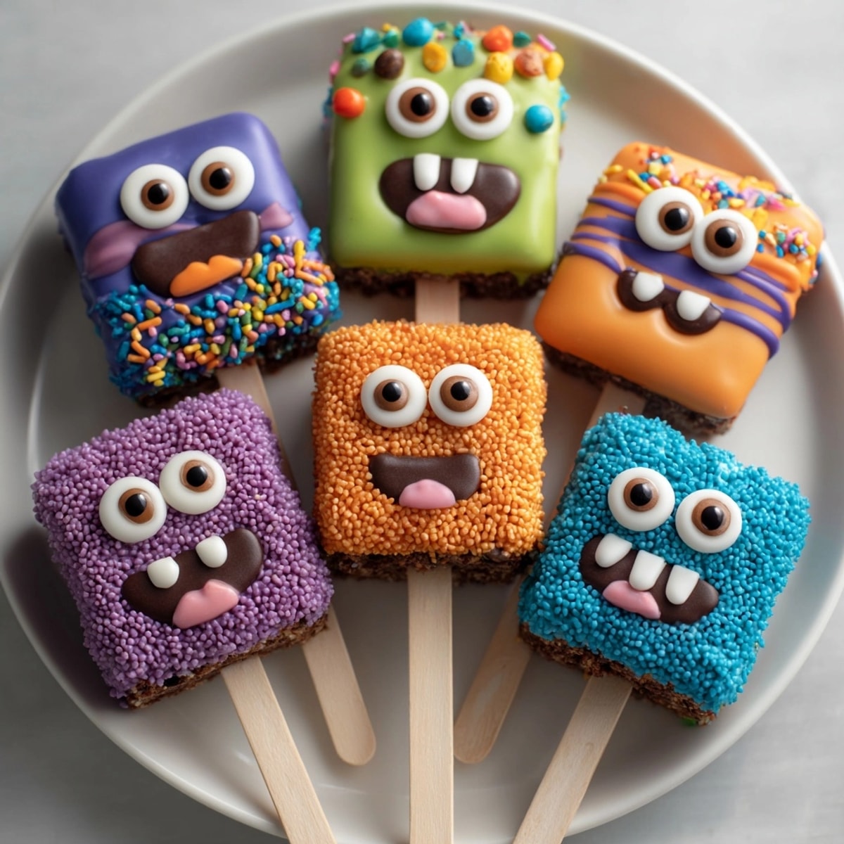 Colorful Monster Brownie Pops: Fudgy squares dipped in vibrant candy, decorated with silly eyes.