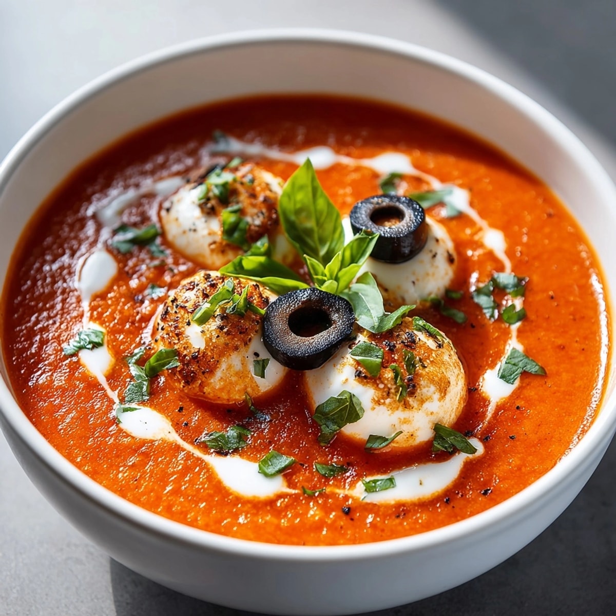 Eyeball Mozzarella Tomato Soup: Creamy, rich, spooky deliciousness with playful cheesy eyeball garnishes.